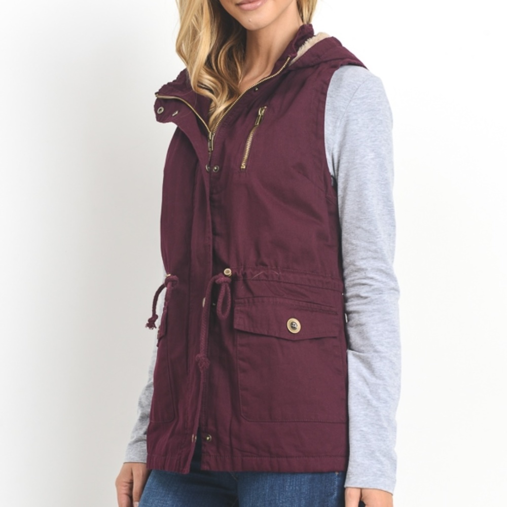 Faux Fur Lined Hooded Twill Vest